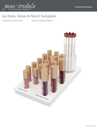 Weißes Jane-Iredale-Display für Lippenprodukte mit Lip Stains und Lip Glazes in kleinen Fläschchen mit Goldkappen sowie Lippenstiften im transparenten Halter. Verschiedene Rosa-, Rot- und Brauntöne, in Reihen angeordnet.