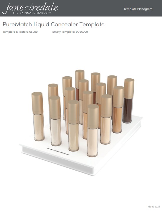 Rund 18 Jane Iredale PureMatch Liquid Concealer auf einem weißen Displayständer. Flaschen mit goldfarbenen Kappen zeigen eine breite Hauttönpalette: sehr hell links, nach rechts stufenweise dunkler bis tiefbraun.