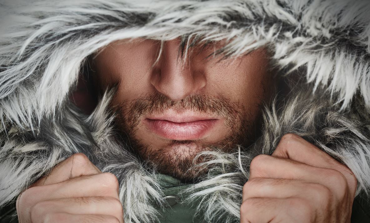 Winterjacke, Fellkapuze, Hemd mit Kapuze, Gesichtshaar, Nahaufnahme