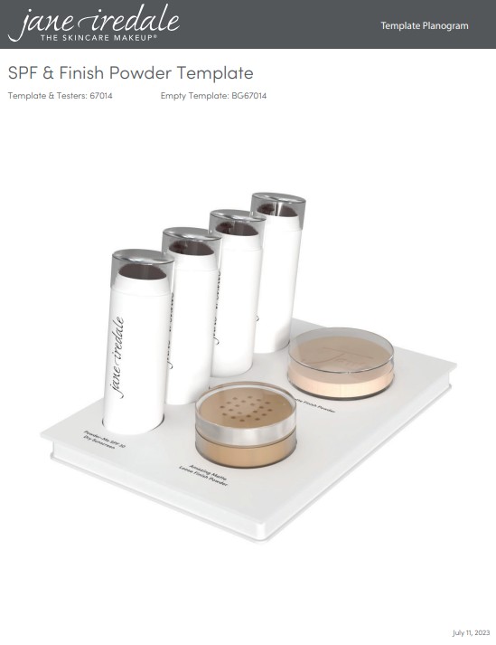 Weißes Jane-Iredale-Display mit Make-up-Pudern. Fünf weiße zylindrische Flaschen mit silbernen Kappen stehen gestuft hinten. Vorn zwei runde Behälter: offener Topf mit goldenem Loose Powder und ein Kompaktpuder.