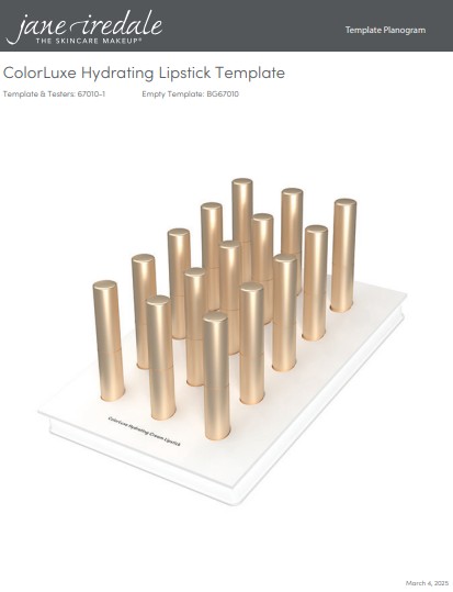 Bandeja expositora blanca con 16 estuches de pintalabios dorados de alto brillo dispuestos en cuatro filas. Los pintalabios están colocados en posición vertical, a diferentes alturas. Inscripción: «Colorluxe Hydrating Cream Lipsticks».