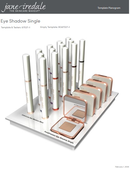Weißes Jane Iredale Display mit 15 ColorLuxe Lidschatten-Stiften in verschiedenen Farbtönen und 5 PurePressed Single Eyeshadows in roségoldenen Etuis. Ein offener Lidschatten zeigt hellbraun und Spiegel. Ideal zur Präsentation.