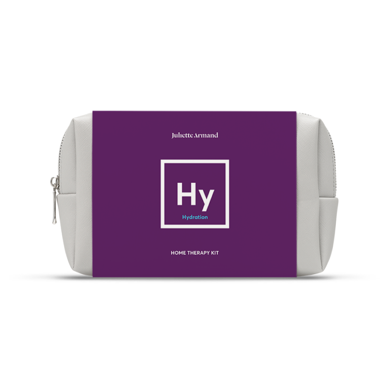 Home-Therapie-Set, Hydration, Lila Box, Grau Tasche, Julie Armand Beschriftung