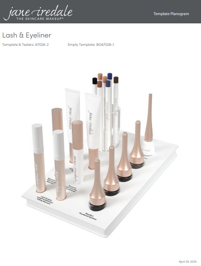 Planogramm-Display für Jane Iredale „Lash & Eyeliner“. Auf weißem rechteckigem Ständer: roségoldene/weiße Mascara-Tuben, zwei Quetsch-Tuben, Acrylhalter mit bunten Eyeliner-Stiften, roségoldene flüssige Eyeliner.