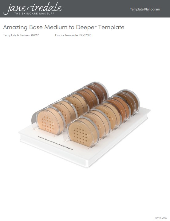 Due file di polveri minerali Jane Iredale Amazing Base SPF 20 su un espositore bianco. Contenitori cilindrici in tonalità che vanno dal beige chiaro al marrone scuro, per carnagioni da medie a scure. Ciascuno con coperchio a setaccio trasparente.