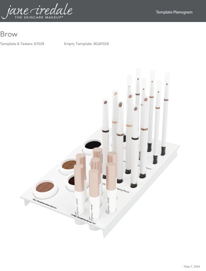Espositore bianco Jane Iredale per prodotti per le sopracciglia. Espone diversi articoli di make-up: ciprie compatte rotonde in diverse tonalità di marrone, piccoli tubetti di gel per sopracciglia e matite sottili per sopracciglia in varie tonalità.