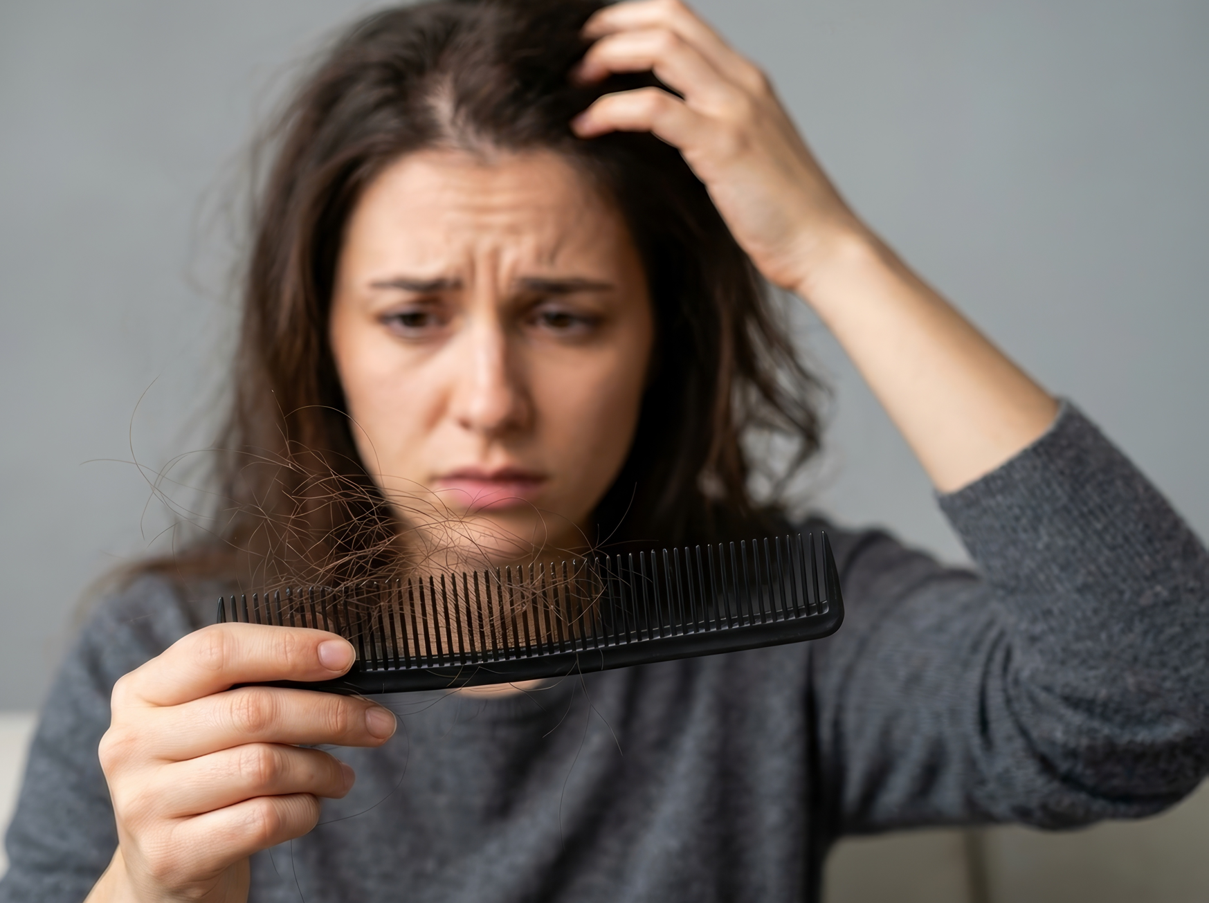 Una mujer con el pelo oscuro y hasta los hombros mira consternada un peine negro lleno de pelos caídos. Parece preocupada, con el ceño fruncido, y se toca la cabeza con la otra mano. Fondo neutro.
