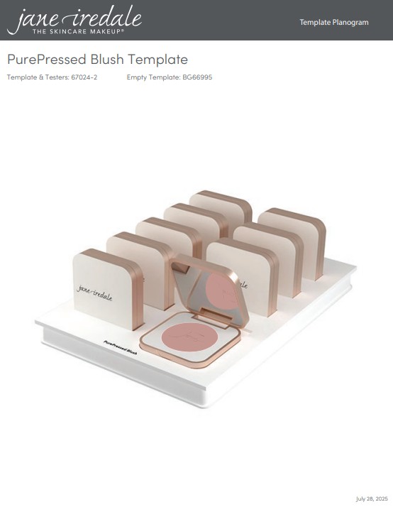 Weißes Display-Regal mit neun Kompaktpuderdosen jane iredale PurePressed Rouge. Eine offene Dose vorn zeigt hellrosa Rouge und Spiegel. Acht geschlossene Dosen dahinter. Alle beige mit roségoldenen Rändern und Logo.