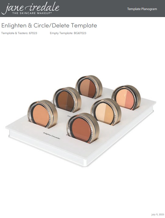 Weißer Ausstellungsständer mit sieben runden Jane Iredale Make-up-Kompaktdosen, jede mit zwei Cremekonsilern in Hauttönen von hell bis dunkel. Die Paletten sind in zwei Reihen angeordnet und zeigen Kombinationen.