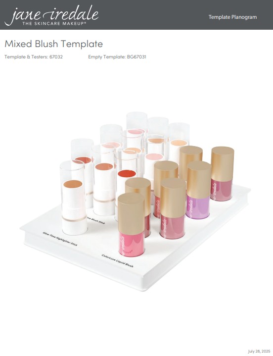 Weißes Jane Iredale Display für Mixed Blush Template 2024: zeigt ColorLuxe Liquid Blushes in goldenen Tuben und Glow Time Highlighter Sticks in transparenter Verpackung. Platz für 7 Blushes und 10 GlowSticks.