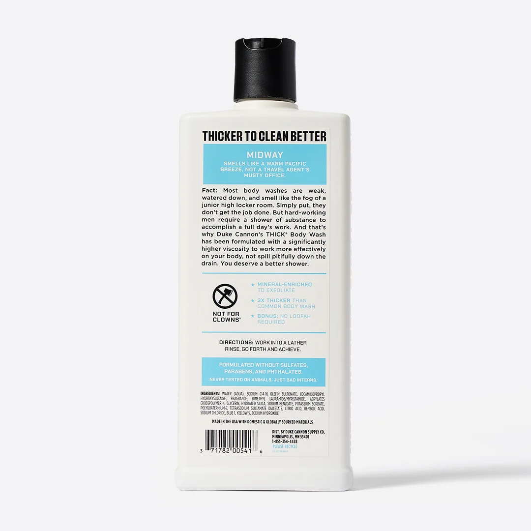Rear view of a white, rectangular shower gel bottle with a black flip-top cap. Label: ‘MIDWAY THICK BODY WASH’, ‘3X THICKER’. Ingredients, instructions for use and DUKE CANNON manufacturer details are visible.