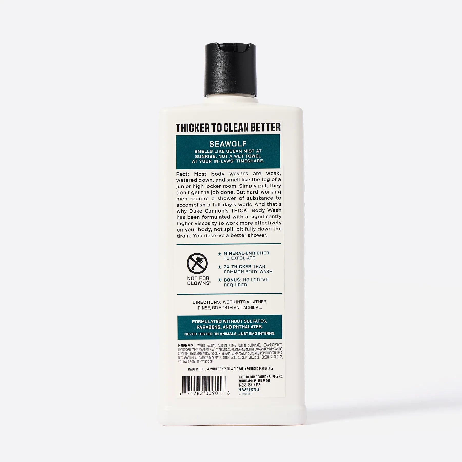 White DUKE CANNON SEAWOLF THICK Body Wash bottle with a black cap. Label: ‘SEAWOLF’, slogan ‘THICKER TO CLEAN BETTER’, Sea Mist fragrance. Highlighted as 3x thicker and rich in minerals. Barcode on the base.