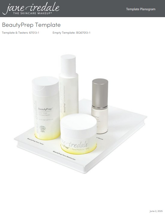 Quattro prodotti bianchi Jane Iredale BeautyPrep per la cura della pelle con delicate sfumature gialle su un espositore bianco: tonico viso (flacone cilindrico), crema viso (vasetto), siero viso (flacone slanciato) e un flacone alto.