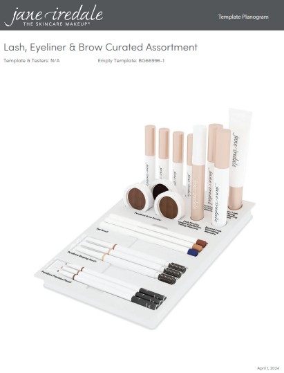 Un présentoir Jane Iredale avec des produits pour cils, yeux et sourcils : tubes verticaux pour mascara et base, deux pots ouverts de poudre à sourcils, et crayons yeux/sourcils avec pointes colorées et brosses.