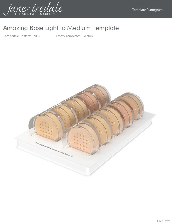 Due file di tester di cipria minerale Amazing Base di Jane Iredale per carnagioni da chiare a medie. Ogni tester è contenuto in un piccolo contenitore rotondo con il coperchio perforato, disposto in supporti trasparenti su un vassoio espositivo bianco.