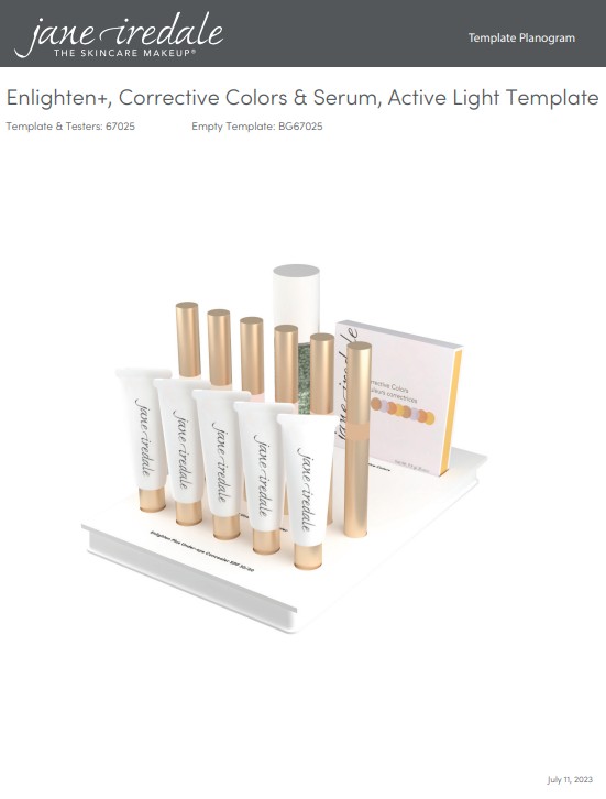 Ansprechende Produktpräsentation von Jane Iredale Kosmetik: Auf weißer Unterlage sind weiße Tuben mit goldenen Kappen, goldene zylindrische Fläschchen und eine weiße Schachtel mit Korrektur-Farbpalette übersichtlich angeordnet.