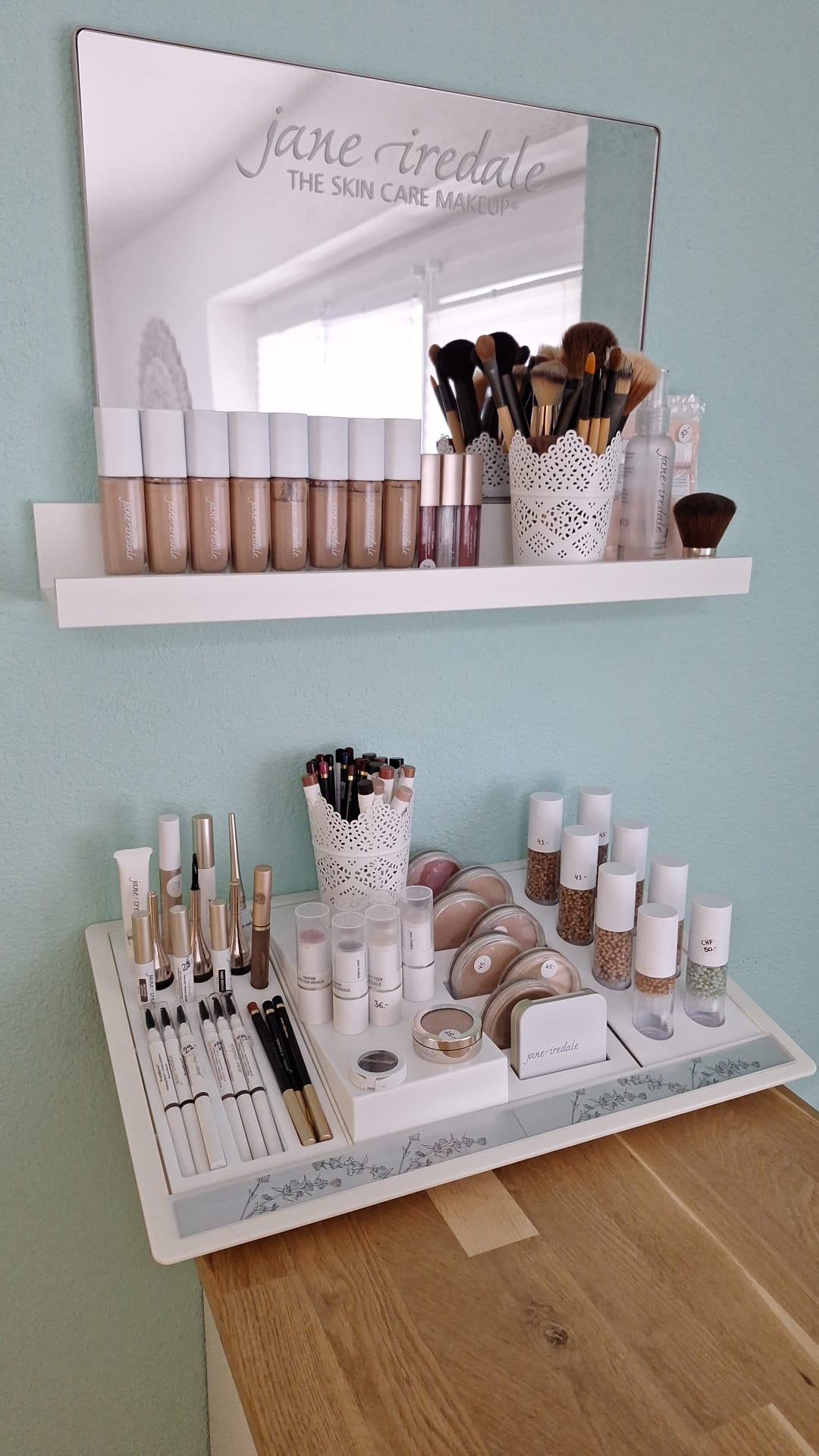 Makeup kit, Foundation bottles, Makeup brushes, Powder compacts, Nail polish bottles