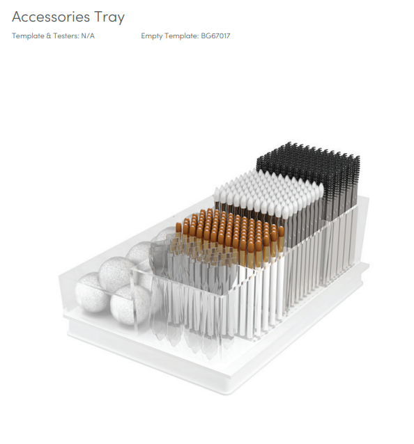 Transparenter Acryl-Organizer für professionelle Einweg-Kosmetikartikel. Er zeigt geordnete Reihen schwarzer Mascara-Bürstchen, Lippenpinsel mit braunen Spitzen, kleine durchsichtige Spatel und weiße Wattebällchen.