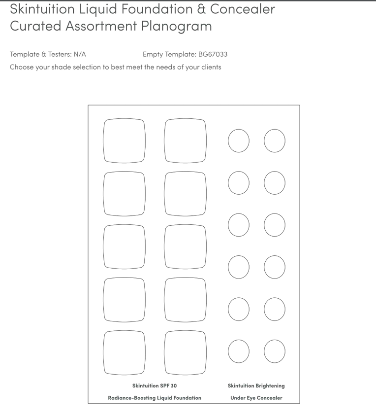 Borrador de planograma para base líquida Skintuition y corrector iluminador bajo los ojos. Plantilla en blanco con 12 espacios rectangulares para bases y 10 redondos para correctores, para una presentación profesional.