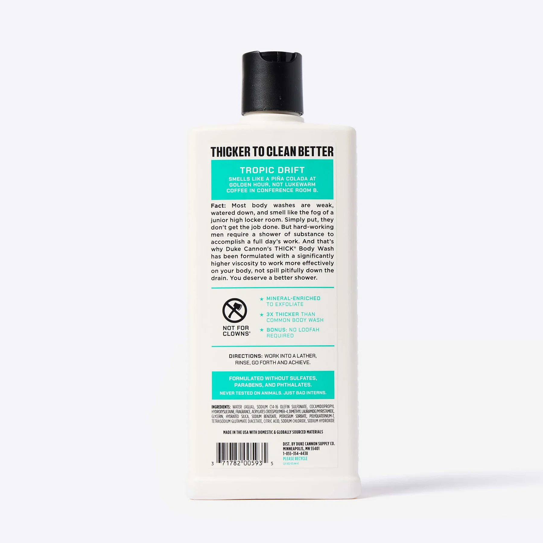 DUKE CANNON ’s TROPIC DRIFT THICK BODY WASH in a white bottle with a black flip-top cap. Turquoise-blue and white label: highly concentrated shower gel with a coconut and lime fragrance, three times thicker, rich in minerals, without loofah.