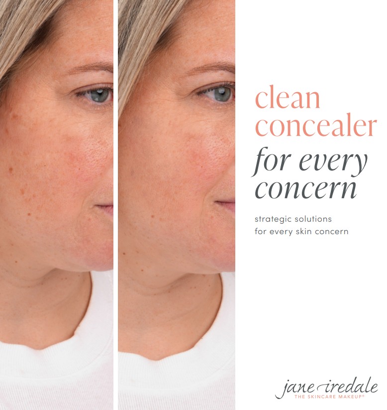 Eine Frau mit heller Haut im Vorher-Nachher-Vergleich. Links sind Pigmentflecken und Rötungen auf Gesicht und Hals sichtbar. Rechts wirkt die Haut ebenmäßiger und abgedeckt. Text: 'clean concealer for every concern', 'jane iredale'.
