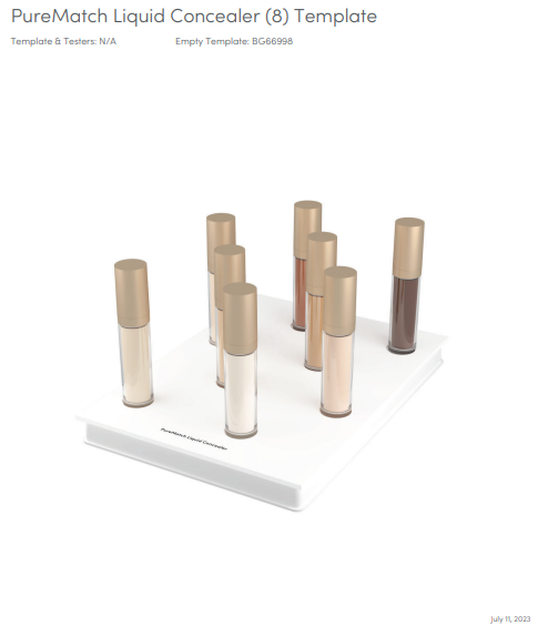 Ein weißer, rechteckiger Präsentationsständer mit acht aufrecht stehenden PureMatch Liquid Concealer Tuben. Die Concealer reichen in Farbtönen von sehr hellem Beige bis zu dunklem Braun, alle Fläschchen sind transparent mit glänzenden goldenen Kappen.
