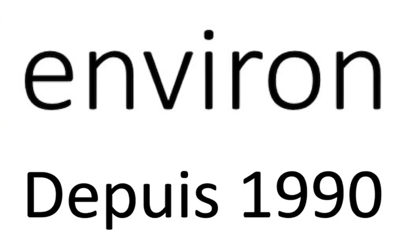 Texte noir sur fond blanc. « Environ » en gros caractères, centré en haut. En dessous, centré : « Depuis 1990 ». Les deux lignes sont écrites dans une police claire, simple et bien lisible ; indication relative au marquage ou à la date de création.