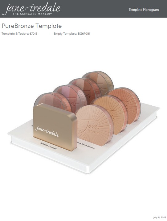 Produkt-Display mit mehreren jane iredale PureBronze Kompaktpudern. Vorn ein goldener, nachfüllbarer Behälter mit Markenlogo. Dahinter acht runde Bronzer in verschiedenen Hauttönen auf weißer Ablage, mit transparentem Deckel.
