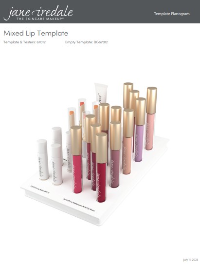 Weißes, gestuftes Display mit Jane Iredale Lippenprodukten. Links mehrere weiße Lippenbalsame. Rechts Lipglosse in Klartuben mit Goldkappen in Rosa-, Rot- und Violetttönen. Ständer: Lip Balm, Hyaluronic Acid Lip Gloss.