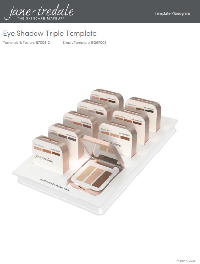 Weißes Acryl-Display mit mehreren Jane Iredale Eye Shadow Triple Testern mit je drei abgestuften Lidschattentönen. Vorn offene roségoldene Palette mit drei Nude- und Brauntönen auf niedrigerem Regal. Tester wie "Brown Sugar", "Soft Brown".